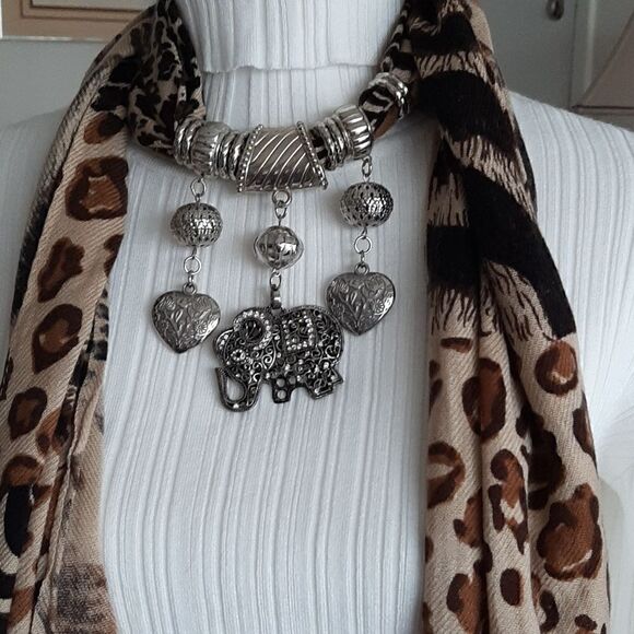 Accessories - Vintage animal scarf with a dangling silver elephant and silver hearts.